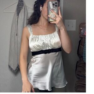 Satin M Tank Top Black Waist Tie Ruched Bust Sleeveless Blouse Dressy